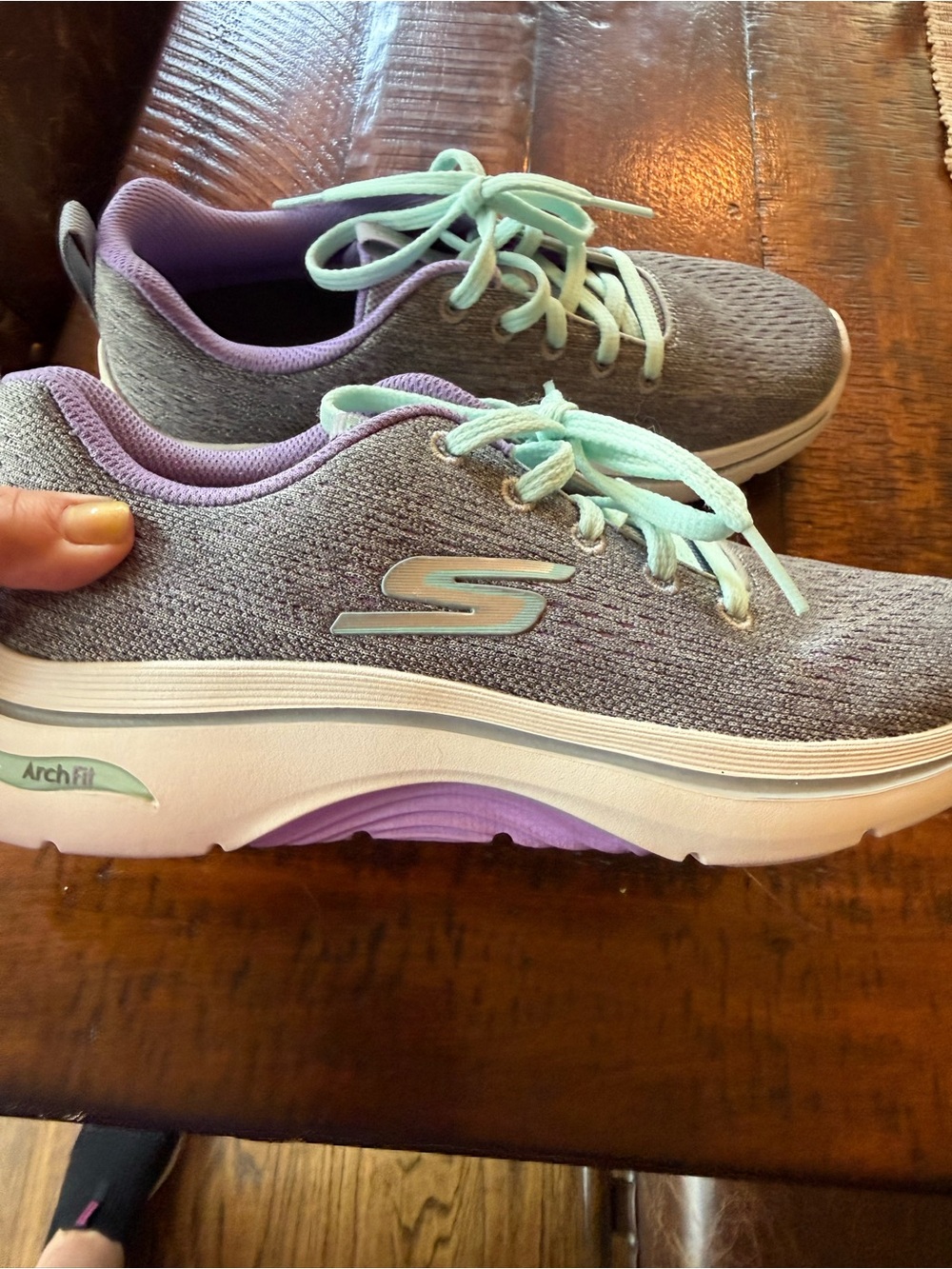 Skechers Women's Gray Knit Sneakers with Mint Laces and Lavender Trim